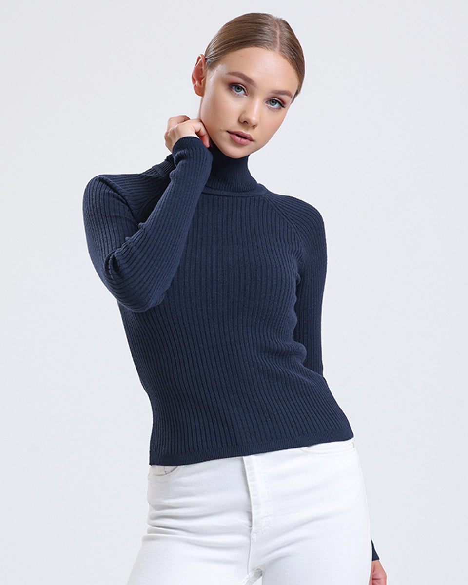 Women Turtle Neck Ribbed Jumper